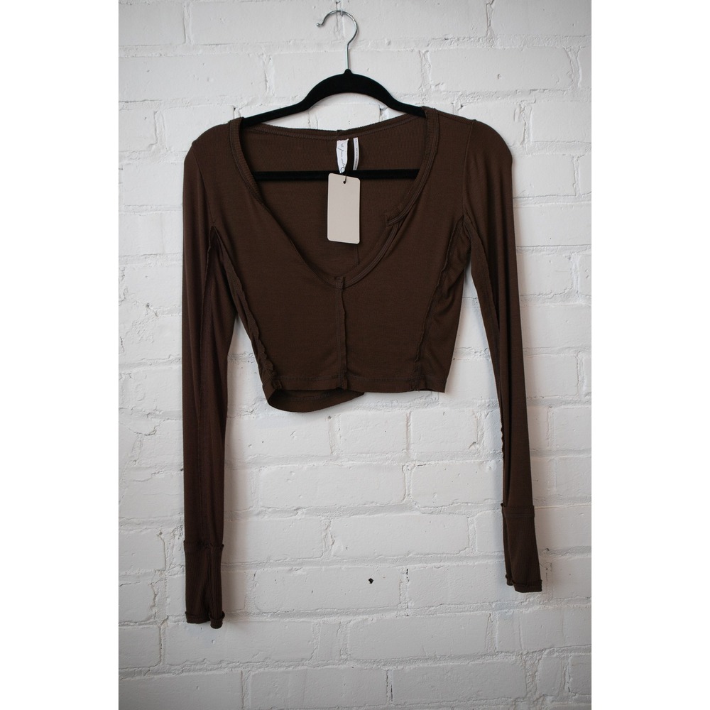 Free People We The Free Brown Ribbed Long Sleeve Crop Top Notch Neck New Small